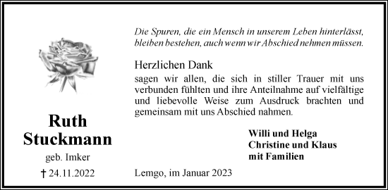 Anzeige  Ruth Stuckmann  Lippische Landes-Zeitung
