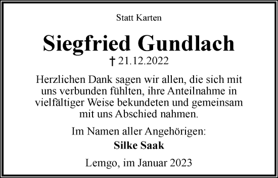 Anzeige  Siegfried Gundlach  Lippische Landes-Zeitung