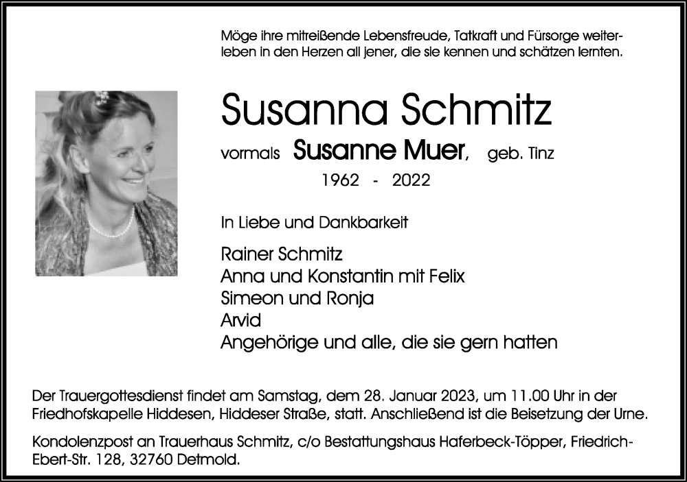  Traueranzeige für Susanna Schmitz vom 14.01.2023 aus Lippische Landes-Zeitung