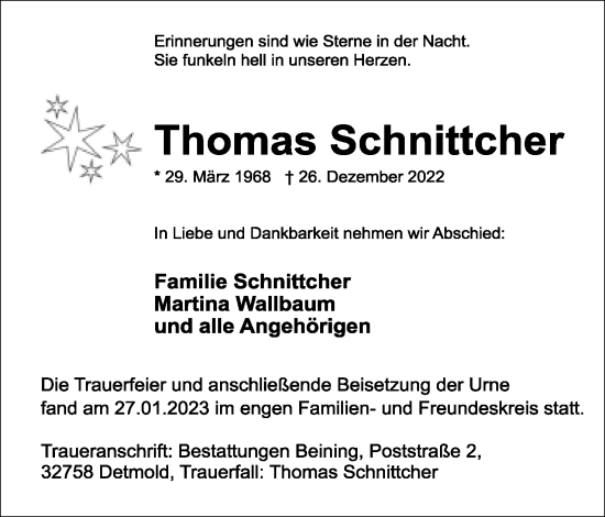 Anzeige  Thomas Schnittcher  Lippische Landes-Zeitung