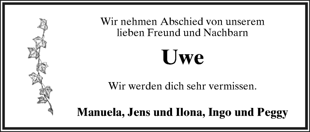  Traueranzeige für Uwe Klöpping vom 21.01.2023 aus Lippische Landes-Zeitung