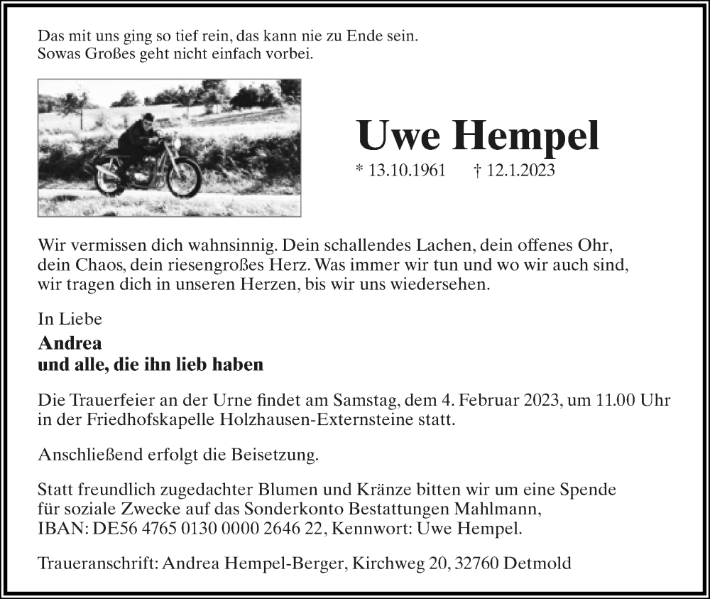  Traueranzeige für Uwe Hempel vom 21.01.2023 aus Lippische Landes-Zeitung