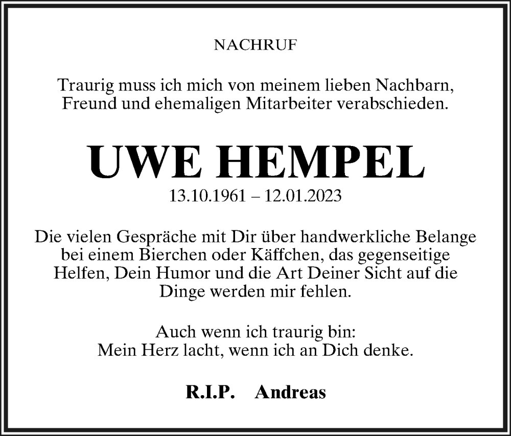  Traueranzeige für Uwe Hempel vom 21.01.2023 aus Lippische Landes-Zeitung