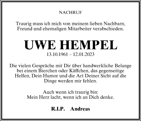 Anzeige  Uwe Hempel  Lippische Landes-Zeitung