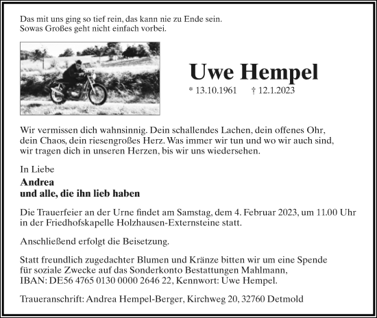 Anzeige  Uwe Hempel  Lippische Landes-Zeitung