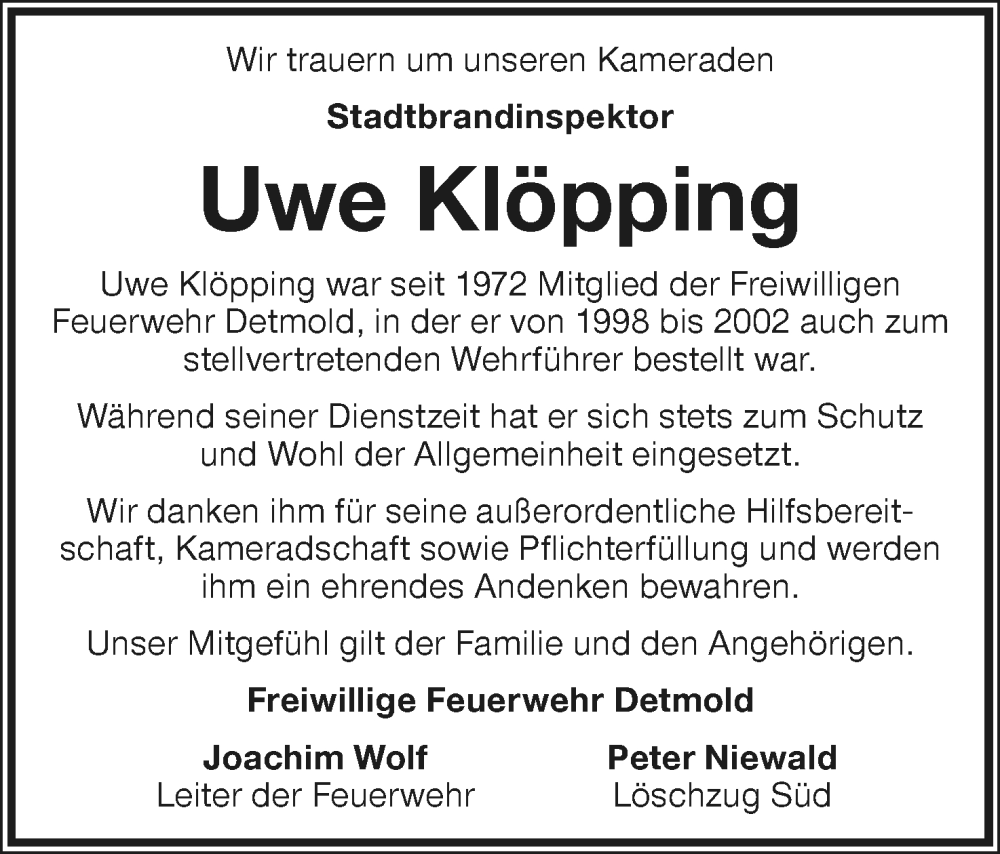  Traueranzeige für Uwe Klöpping vom 21.01.2023 aus Lippische Landes-Zeitung