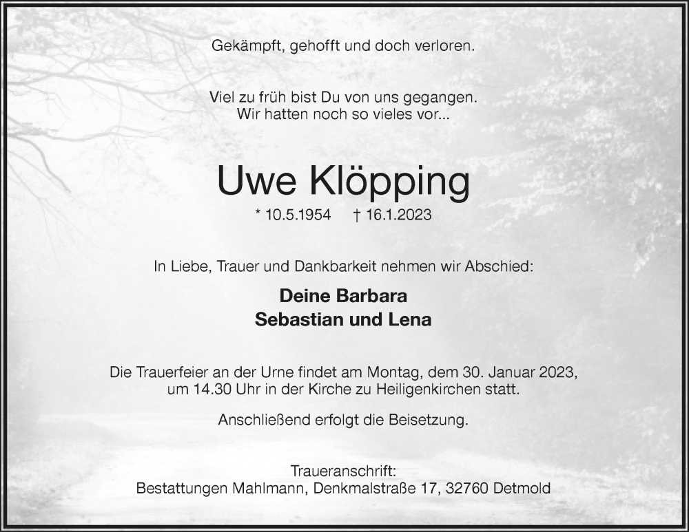  Traueranzeige für Uwe Klöpping vom 21.01.2023 aus Lippische Landes-Zeitung