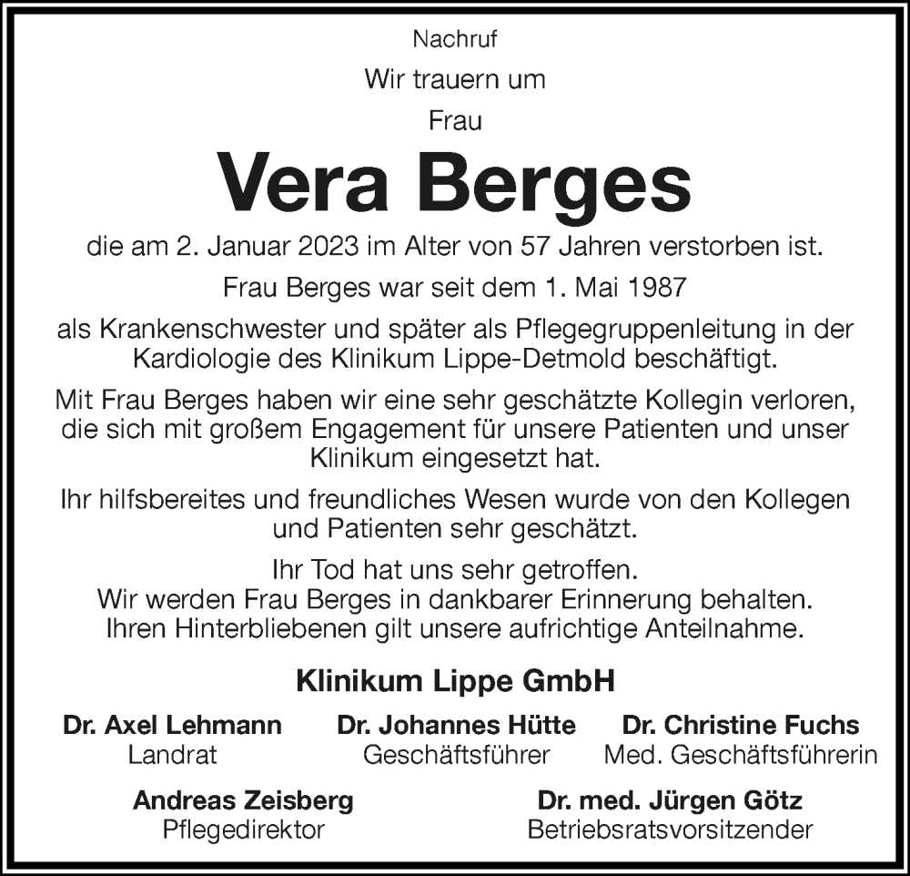  Traueranzeige für Vera Berges vom 12.01.2023 aus Lippische Landes-Zeitung