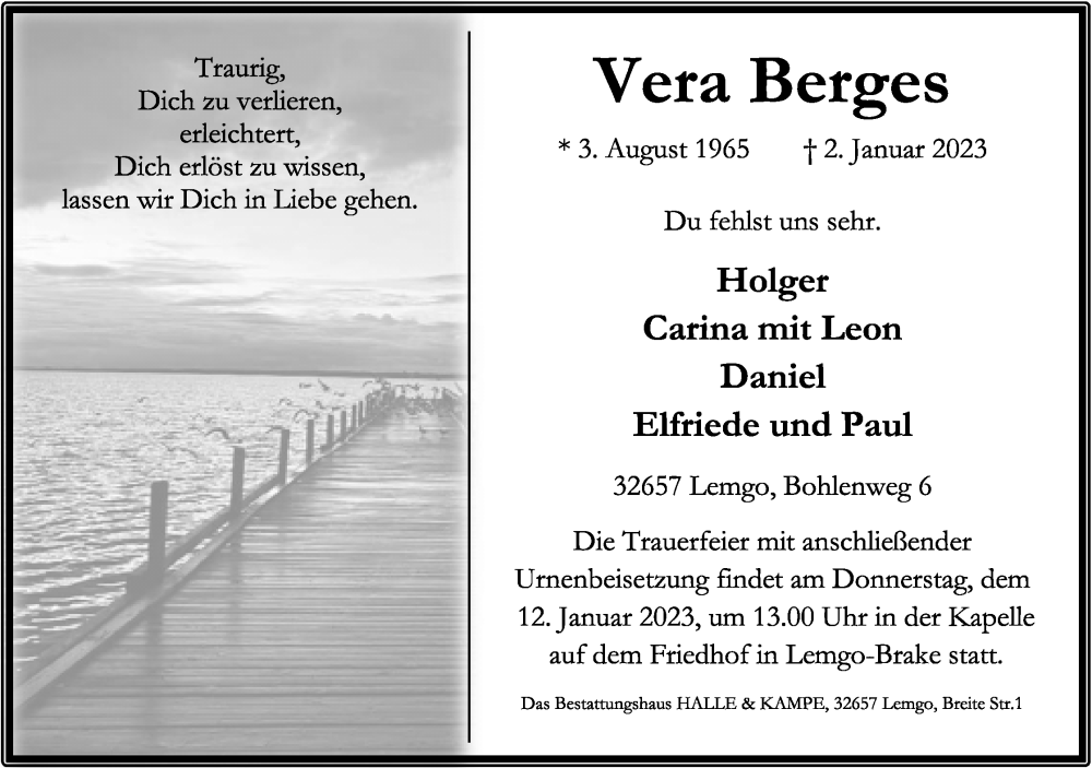  Traueranzeige für Vera Berges vom 07.01.2023 aus Lippische Landes-Zeitung