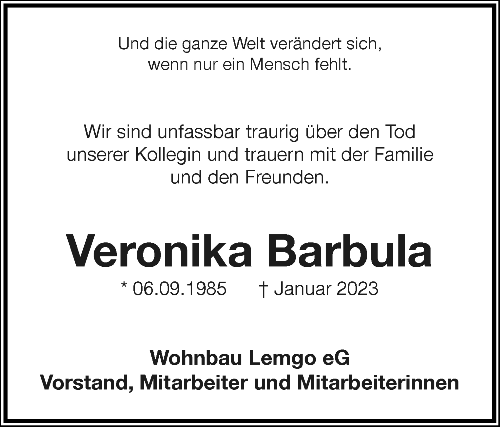  Traueranzeige für Veronika Barbula vom 07.01.2023 aus Lippische Landes-Zeitung