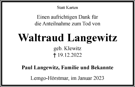 Anzeige  Waltraud Langewitz  Lippische Landes-Zeitung