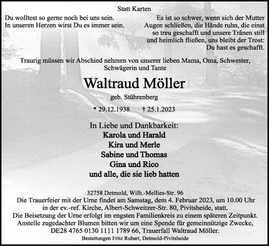 Anzeige  Waltraud Möller  Lippische Landes-Zeitung
