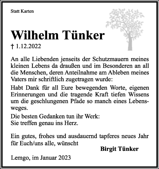 Anzeige  Wilhelm Tünker  Lippische Landes-Zeitung