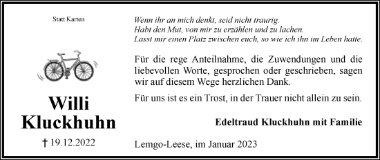 Anzeige  Willi Kluckhuhn  Lippische Landes-Zeitung