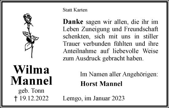 Anzeige  Wilma Mannel  Lippische Landes-Zeitung