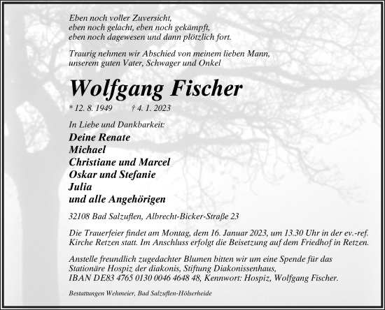 Anzeige  Wolfgang Fischer  Lippische Landes-Zeitung