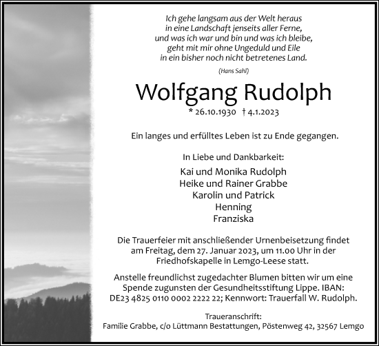 Anzeige  Wolfgang Rudolph  Lippische Landes-Zeitung