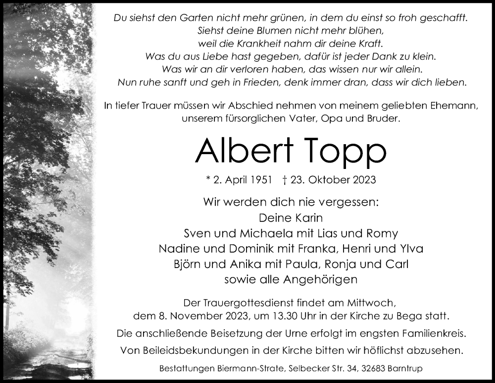  Traueranzeige für Albert Topp vom 28.10.2023 aus Lippische Landes-Zeitung