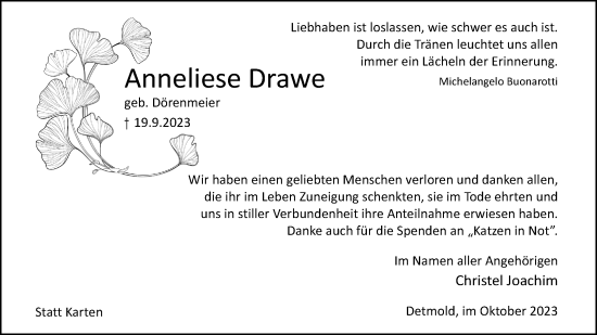 Anzeige  Anneliese Drawe  Lippische Landes-Zeitung