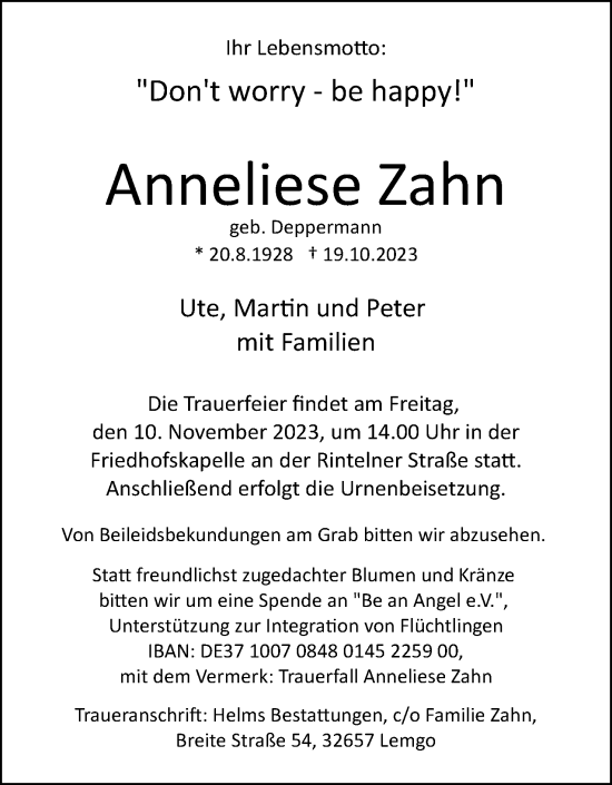 Anzeige  Anneliese Zahn  Lippische Landes-Zeitung