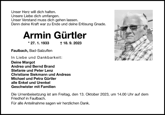 Anzeige  Armin Gürtler  Lippische Landes-Zeitung