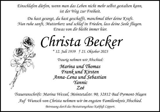 Anzeige  Christa Becker  Lippische Landes-Zeitung