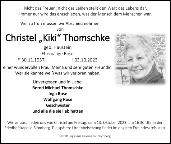 Anzeige  Christel Thomschke  Lippische Landes-Zeitung