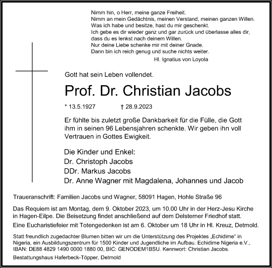 Anzeige  Christian Jacobs  Lippische Landes-Zeitung