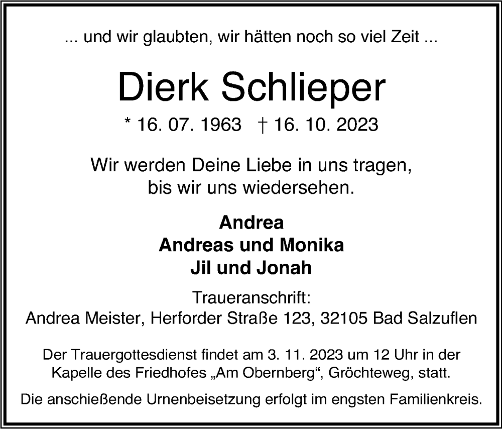  Traueranzeige für Dierk Schlieper vom 28.10.2023 aus Lippische Landes-Zeitung