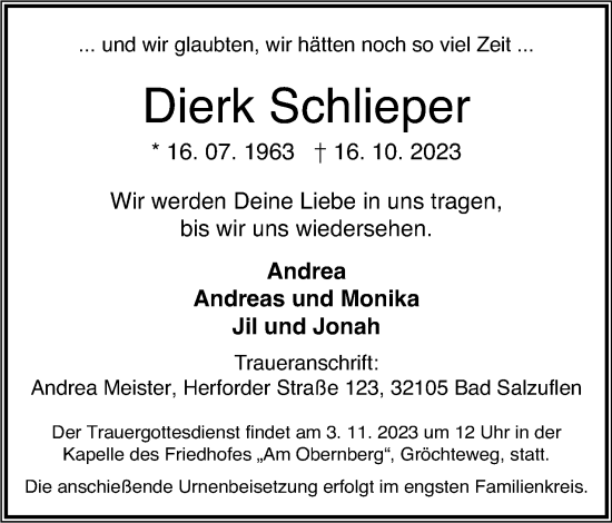Anzeige  Dierk Schlieper  Lippische Landes-Zeitung