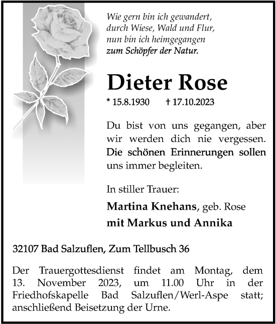 Anzeige  Dieter Rose  Lippische Landes-Zeitung