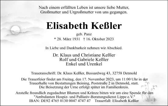 Anzeige  Elisabeth Keßler  Lippische Landes-Zeitung