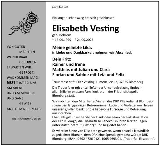 Anzeige  Elisabeth Vesting  Lippische Landes-Zeitung