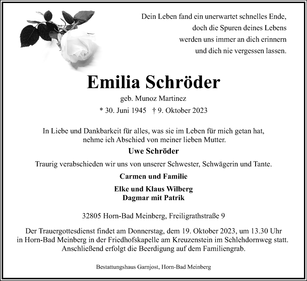  Traueranzeige für Emilia Schröder vom 14.10.2023 aus Lippische Landes-Zeitung