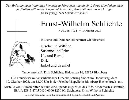 Anzeige  Ernst-Wilhelm Schlichte  Lippische Landes-Zeitung