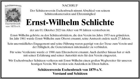 Anzeige  Ernst-Wilhelm Schlichte  Lippische Landes-Zeitung