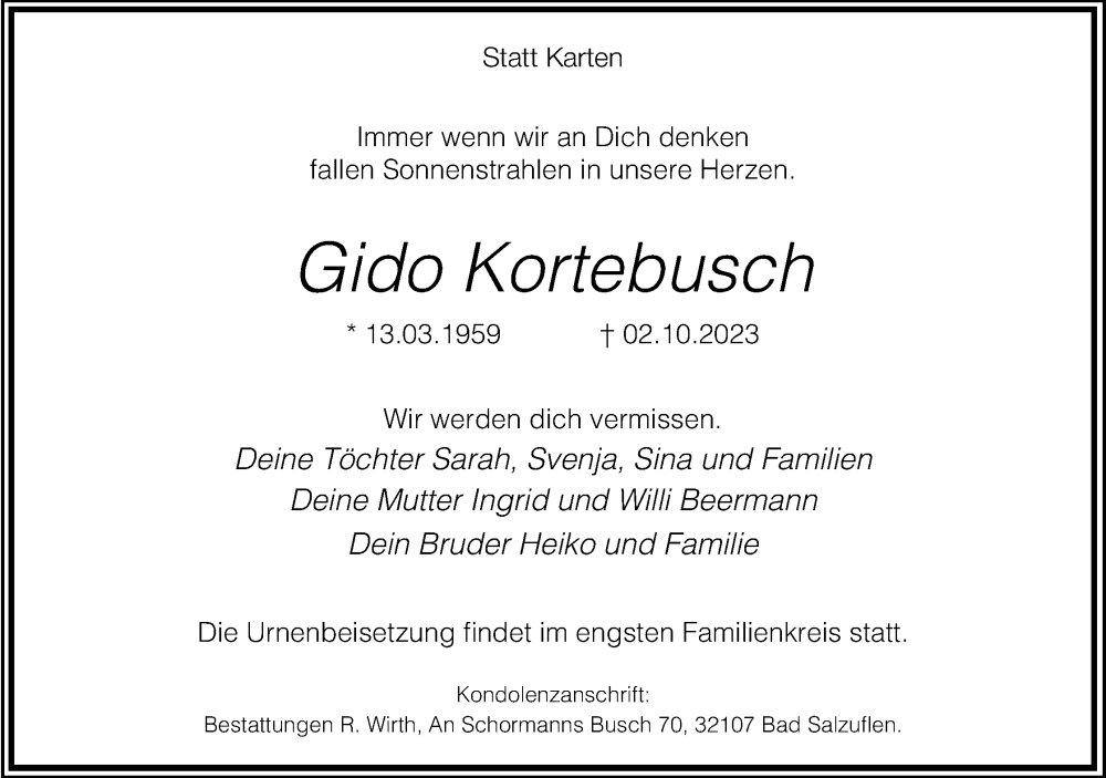  Traueranzeige für Gido Kortebusch vom 07.10.2023 aus Lippische Landes-Zeitung