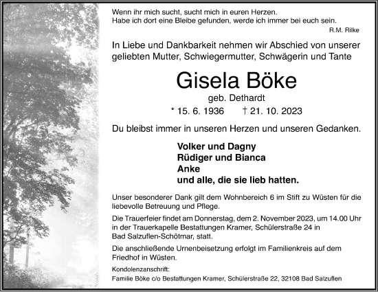 Anzeige  Gisela Böke  Lippische Landes-Zeitung
