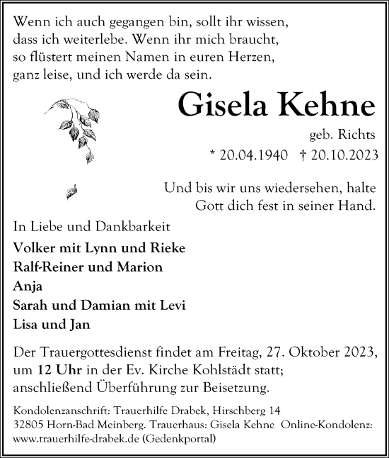 Anzeige  Gisela Kehne  Lippische Landes-Zeitung