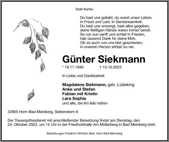 Anzeige  Günter Siekmann  Lippische Landes-Zeitung