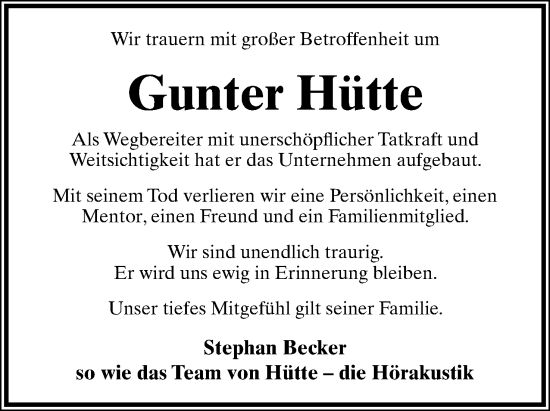 Anzeige  Gunter Hütte  Lippische Landes-Zeitung