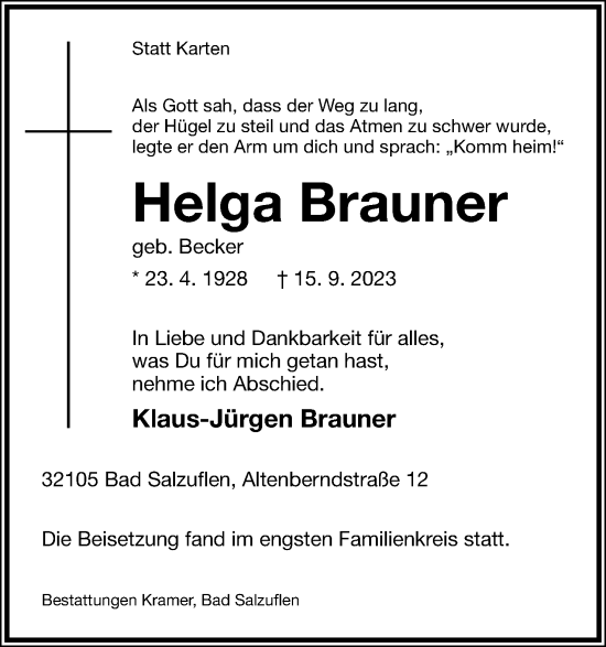 Anzeige  Helga Brauner  Lippische Landes-Zeitung