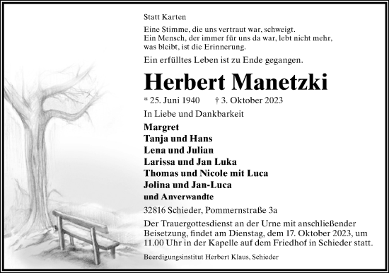 Anzeige  Herbert Manetzki  Lippische Landes-Zeitung