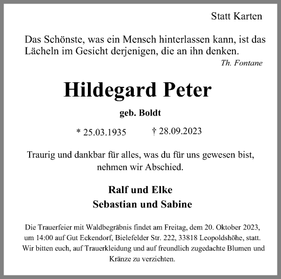 Anzeige  Hildegard Peter  Lippische Landes-Zeitung