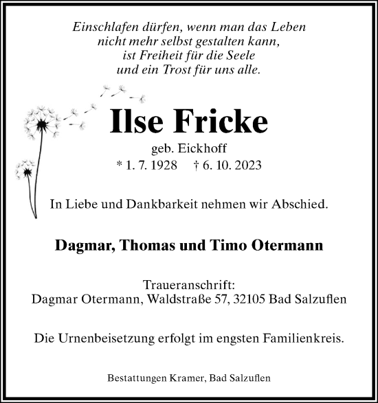 Anzeige  Ilse Fricke  Lippische Landes-Zeitung