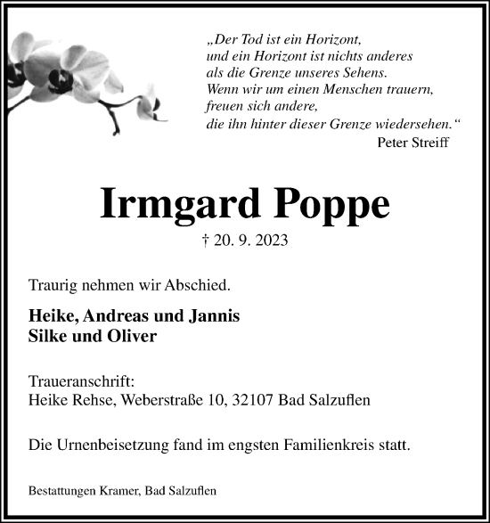 Anzeige  Irmgard Poppe  Lippische Landes-Zeitung