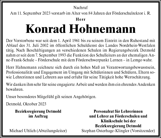 Anzeige  Konrad Hohnemann  Lippische Landes-Zeitung