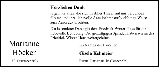 Anzeige  Marianne Höcker  Lippische Landes-Zeitung