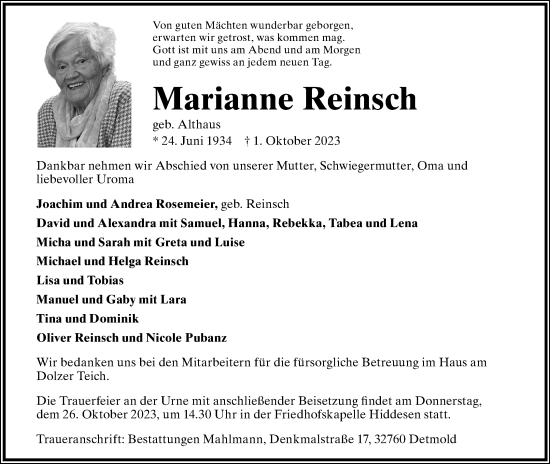 Anzeige  Marianne Reinsch  Lippische Landes-Zeitung