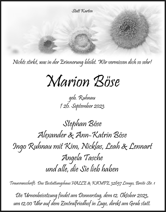 Anzeige  Marion Böse  Lippische Landes-Zeitung